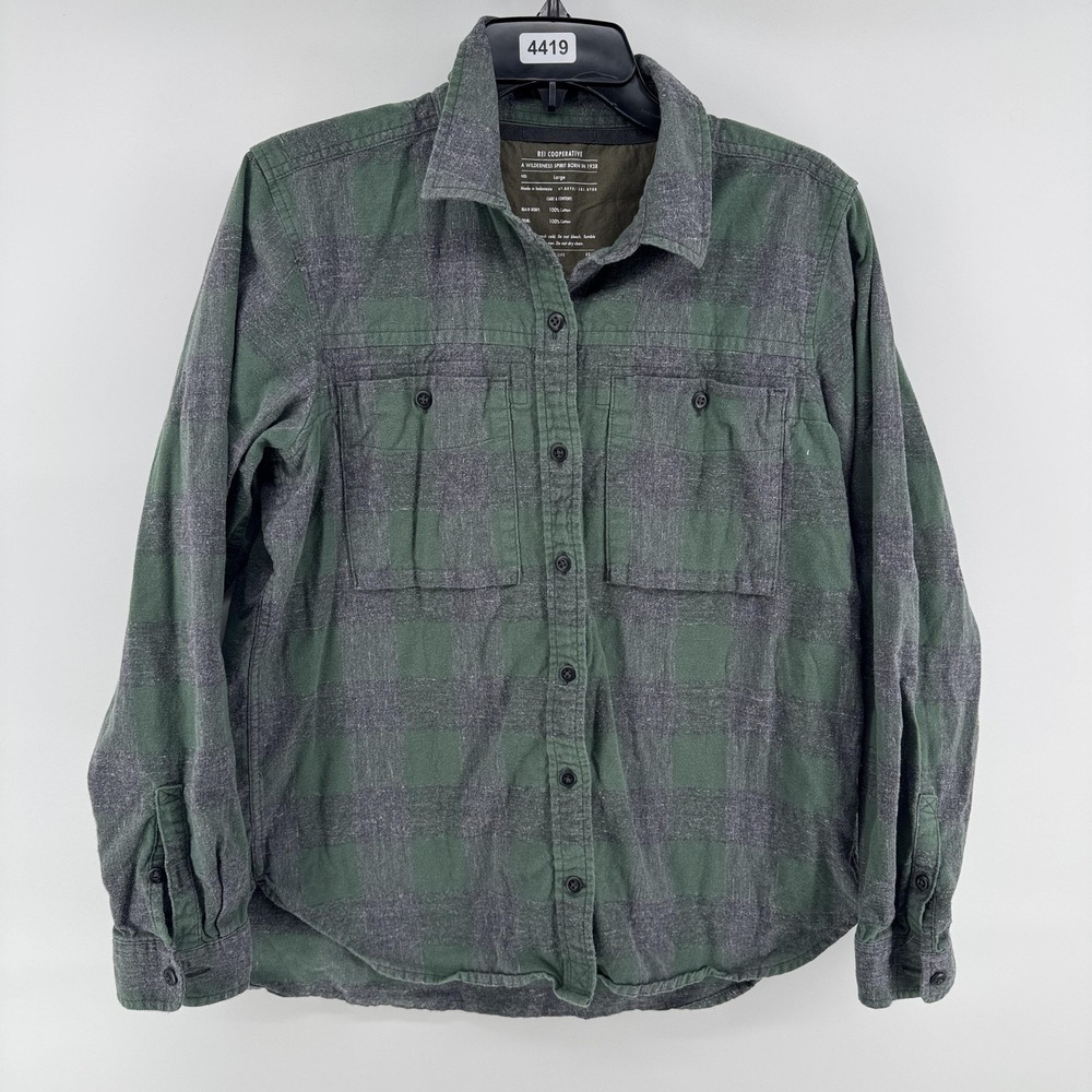 REI CO OP Shirt Mens Large Green Plaid Flannel Button Up Outdoor Cotton